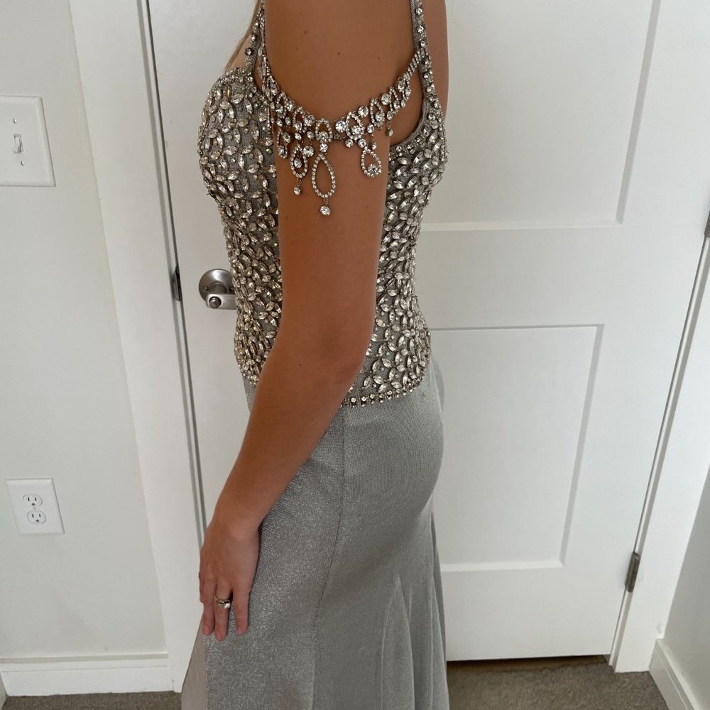 Silver Evening Gown with Heavy Beading, Jovani - Size 2